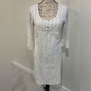 Vintage Leslie Fay Boho Style Lined Embroidered White Dress Bell Sleeve Dress